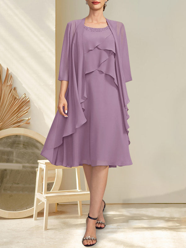 Vestido de gasa para madre de la novia con escote en A y escote redondo hasta la rodilla con cuentas