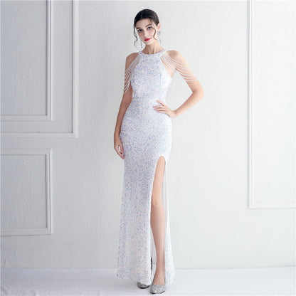 Heavy Industry Micro Glass Bead Craft Beaded Cocktail Evening Dress Elegant Long Halter Split Sequ