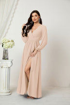 Vestidos de noche Sunnderly con escote en V profundo, gasa, para dama de honor, manga larga de obispo, abertura lateral, vestido formal SY2806 