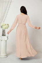 Vestidos de noche Sunnderly con escote en V profundo, gasa, para dama de honor, manga larga de obispo, abertura lateral, vestido formal SY2806 
