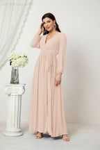 Vestidos de noche Sunnderly con escote en V profundo, gasa, para dama de honor, manga larga de obispo, abertura lateral, vestido formal SY2806 