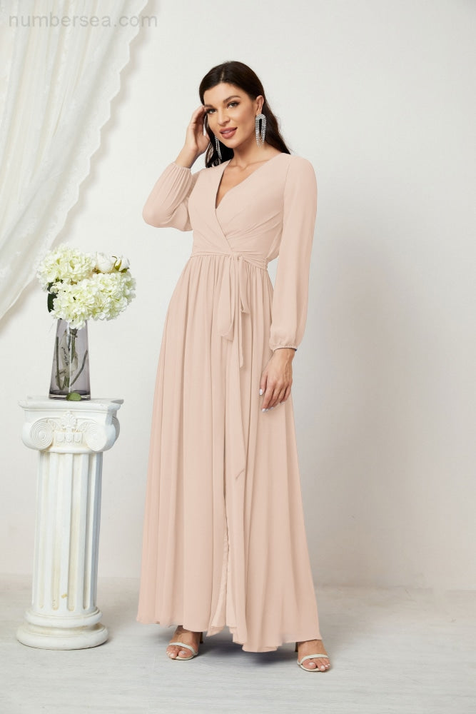 Vestidos de noche Sunnderly con escote en V profundo, gasa, para dama de honor, manga larga de obispo, abertura lateral, vestido formal SY2806 