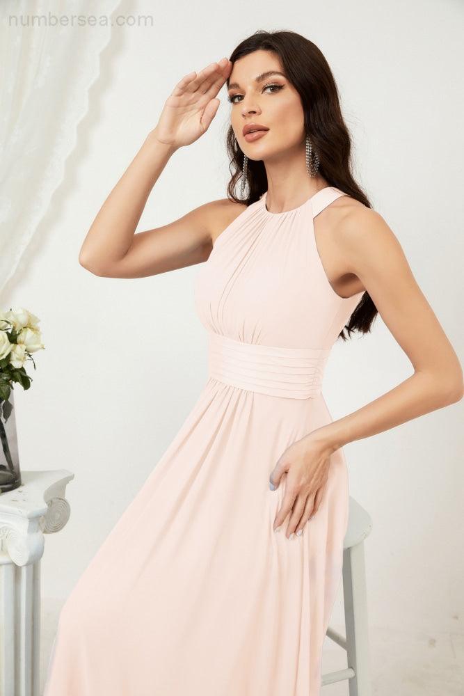 Vestido formal de fiesta Sunnderly de gasa con cuello halter, largo y sin mangas, para dama de honor SY2802 
