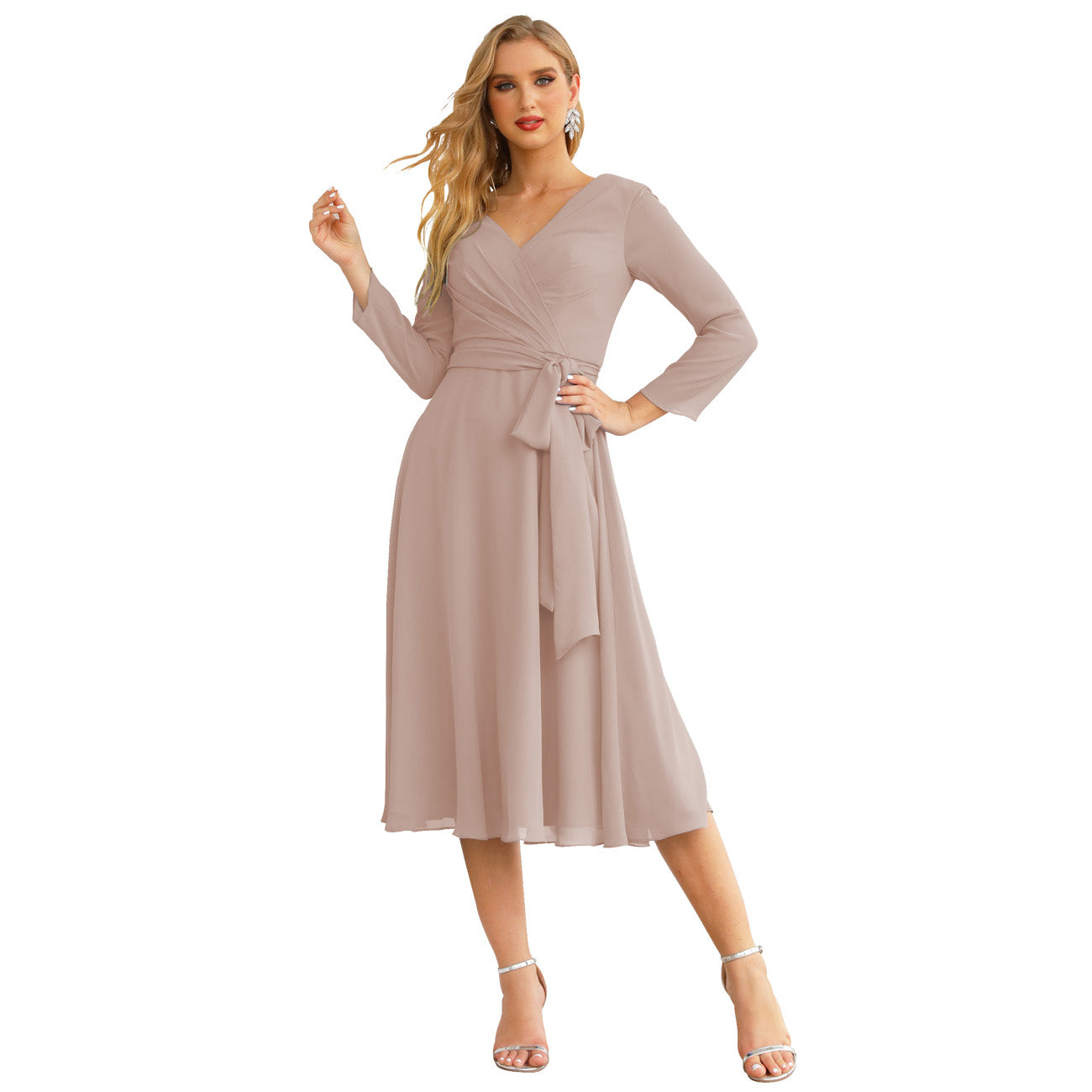 Sunnderly Chiffon Bridesmaid Dress V-Back Waist Belt Formal Prom Gown Mother of The Bride Wedding Guest
