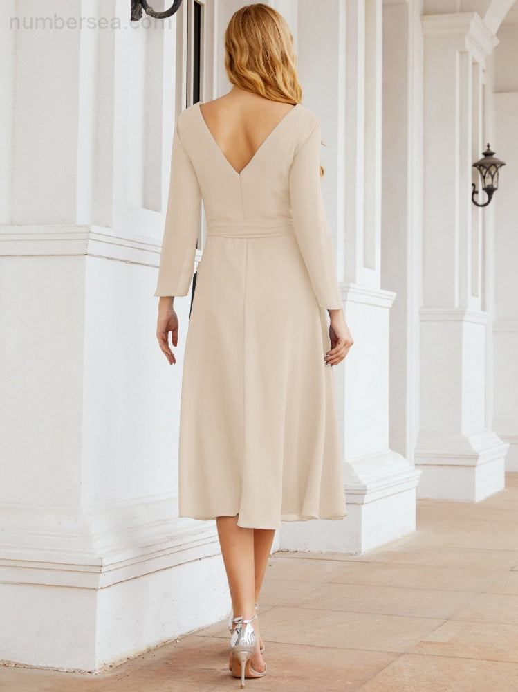 Vestido de dama de honor con escote en V y cinturón para madre de la novia, invitada de boda SY28031 
