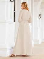 Sunnderly Women's Chiffon Bridesmaid Dress A line Long Sleeves Formal Evening Prom Gown for Wedding Guest SY28032