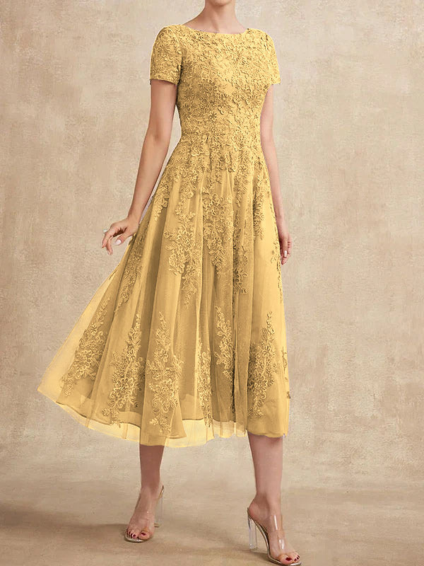 Vestido de madre de la novia de tul con encaje y corte en A, largo hasta la rodilla