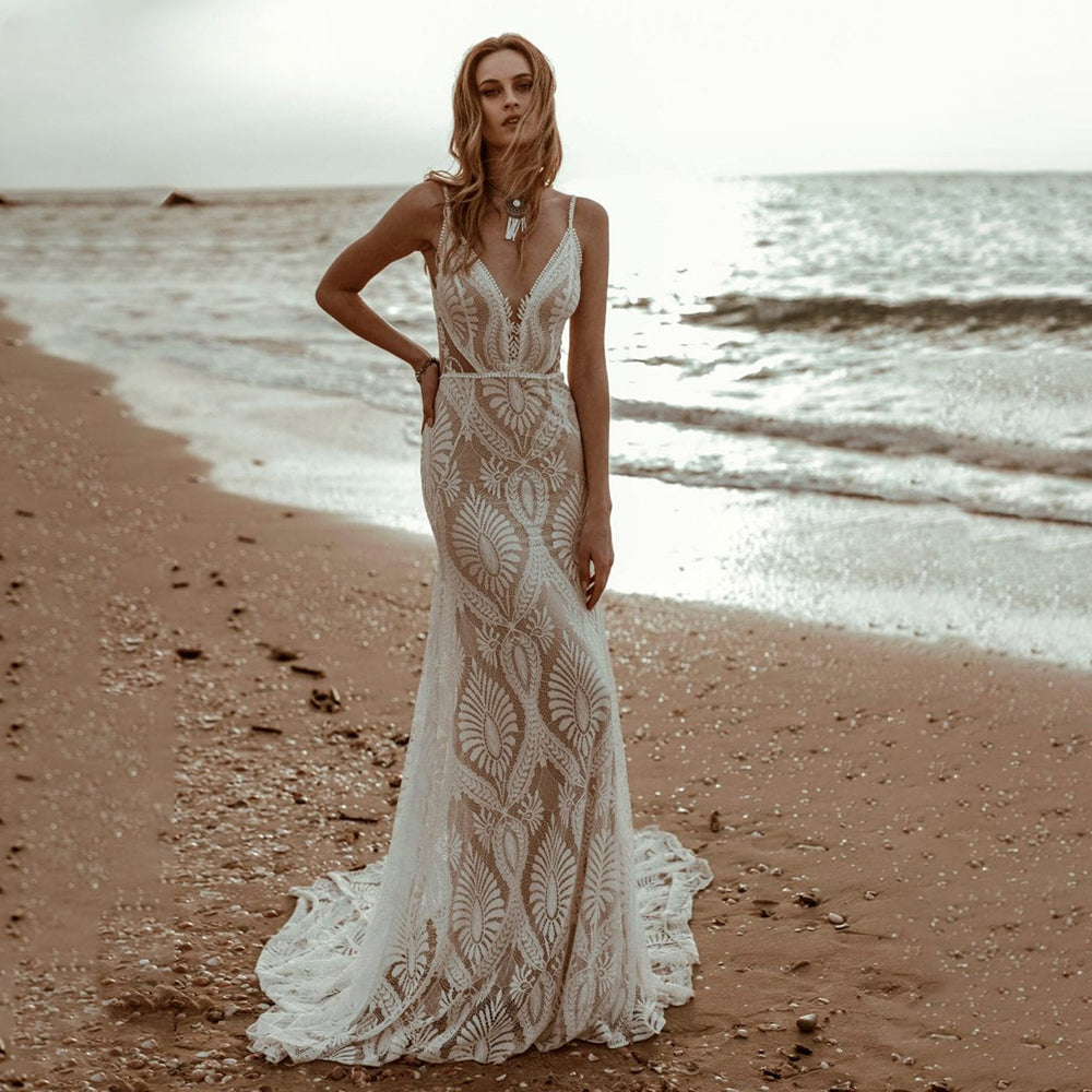 Sexy Lace V Neck Beach Mermaid Wedding Dresses 2023 Spaghetti Straps Sleeveless Bridal Dresses Backless Vestidos De Novia-payinti