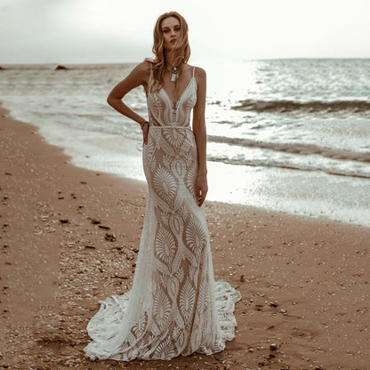 Sexy Lace V Neck Beach Mermaid Wedding Dresses 2023 Spaghetti Straps Sleeveless Bridal Dresses Backless Vestidos De Novia-payinti