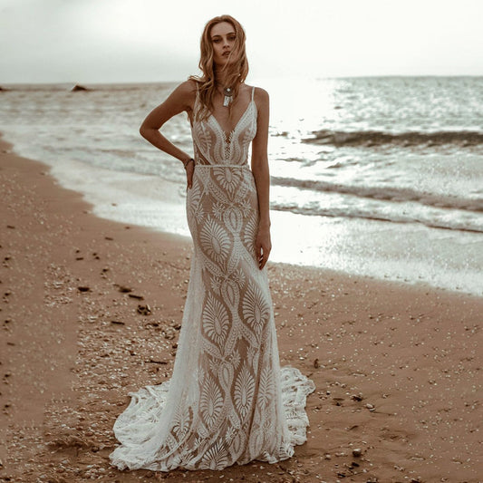 Sexy Lace V Neck Beach Mermaid Wedding Dresses 2023 Spaghetti Straps Sleeveless Bridal Dresses Backless Vestidos De Novia-payinti