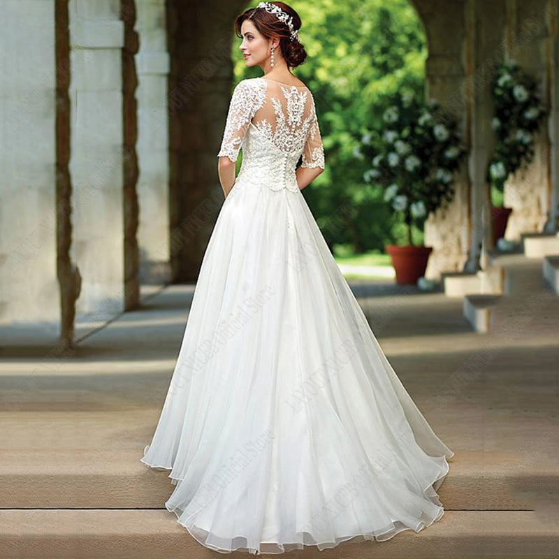 Lace Half Sleeves Wedding Dress For Bridal Illusion Appliques Buttons Back robe de mariée grande taille Custom Made-payinti