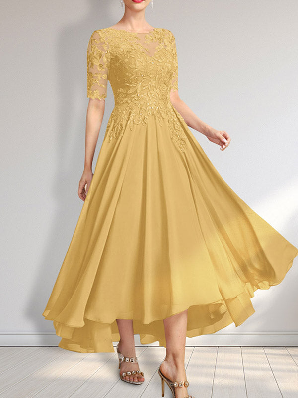 Vestido de madre de la novia de gasa asimétrica con encaje, ilusión, corte A y lentejuelas