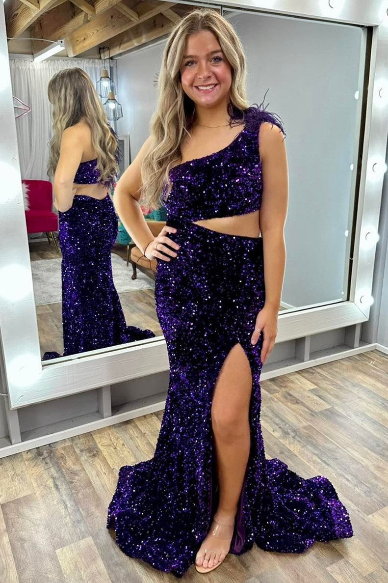 Paola | Langes Meerjungfrauenkleid mit Pailletten, Federn, One-Shoulder-Ausschnitt und Schlitz
