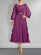 Vestido de gasa para madre de la novia, corte A, escote redondo, largo hasta la rodilla, plisado, con broche de cristal