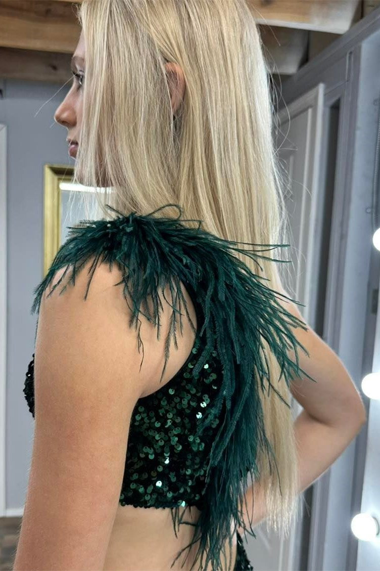 Paola | Langes Meerjungfrauenkleid mit Pailletten, Federn, One-Shoulder-Ausschnitt und Schlitz