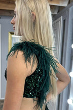 Paola | Langes Meerjungfrauenkleid mit Pailletten, Federn, One-Shoulder-Ausschnitt und Schlitz