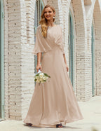 Vestido de dama de honor Sunnderly para mujer, de gasa, manga larga y cuello en V, vestido formal para boda o fiesta SY28018 