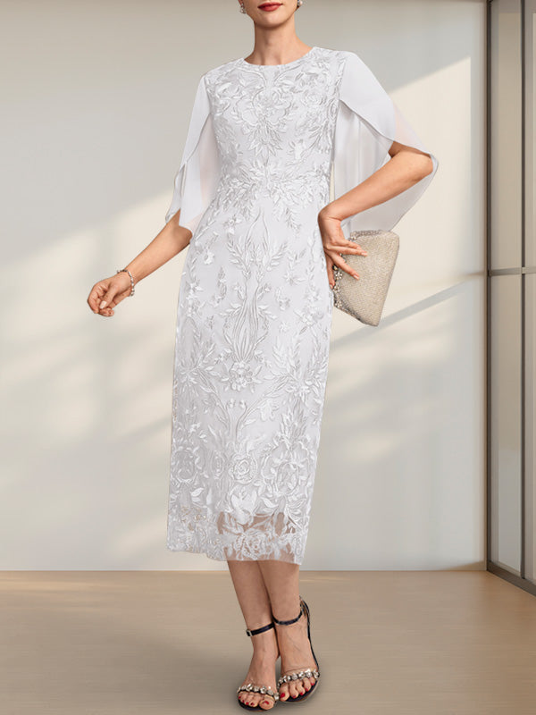 Vestido para madre de la novia de gasa con encaje, corte tubo, escote redondo y largo hasta la rodilla