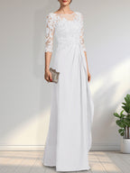 Vestido de gasa para madre de la novia con encaje, corte A, escote redondo, ilusión, largo hasta el suelo, con lentejuelas y abalorios y volantes en cascada