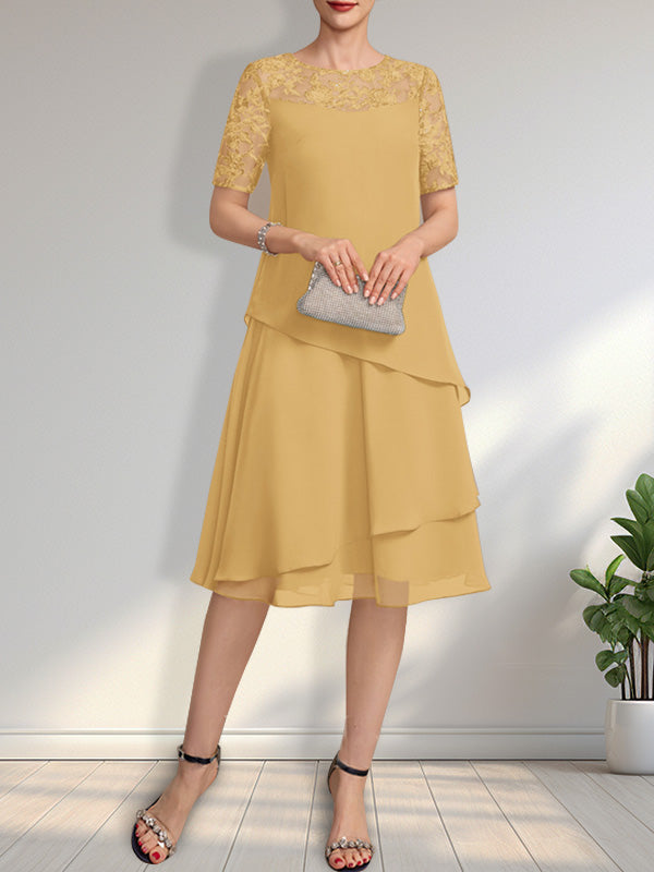 Vestido de gasa con encaje y lentejuelas para madre de la novia, corte A, escote ilusión, largo hasta la rodilla