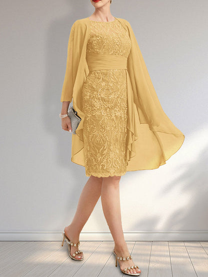 Vestido de madre de la novia de gasa con encaje, escote redondo, ilusión, largo hasta la rodilla, con volantes en cascada y lentejuelas