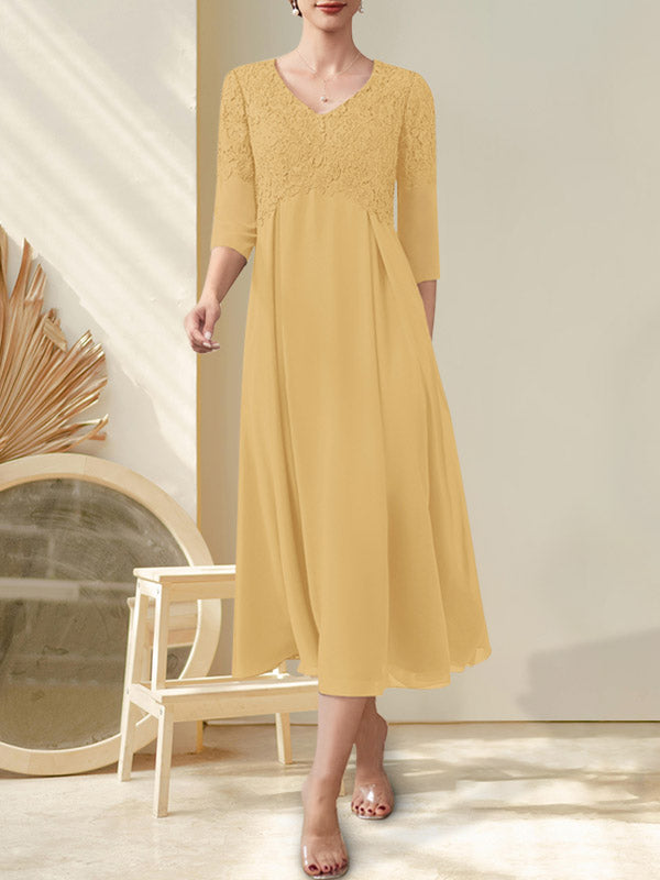 Vestido de gasa con encaje y escote en V, largo hasta la rodilla, para madre de la novia con cuentas