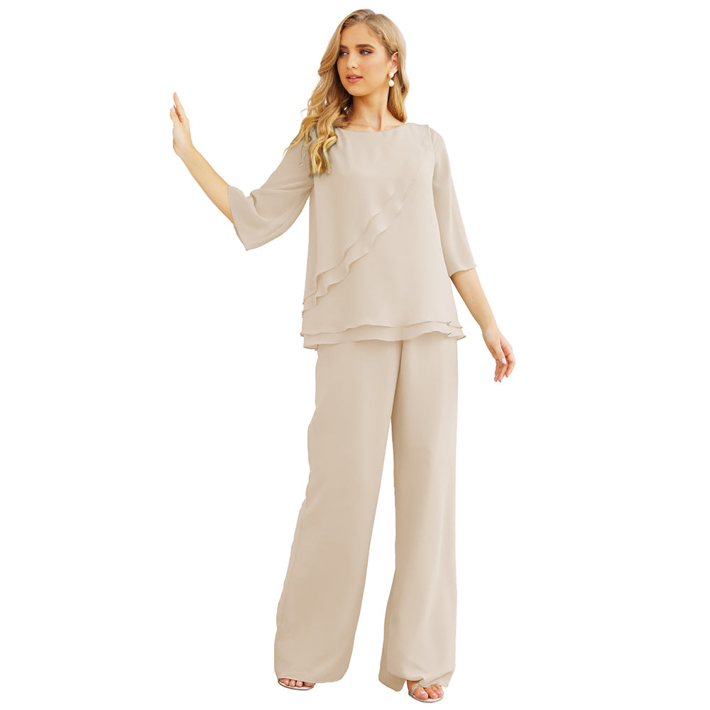 Sunnderly Chiffon Mother of The Bride Dress Plus Size Pant Suits Ruffle Layers