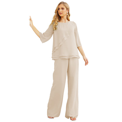 Sunnderly Chiffon Mother of The Bride Dress Plus Size Pant Suits Ruffle Layers