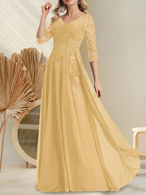 Vestido de madre de la novia de gasa con encaje, escote en V y lentejuelas, largo hasta el suelo