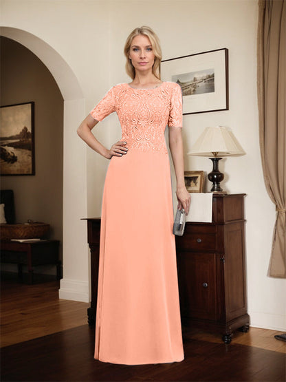 Vestido de gasa con encaje y lentejuelas para madre de la novia, corte A, largo hasta el suelo