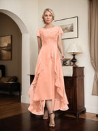 Vestido de madre de la novia de gasa asimétrica con escote en A, ilusión, encaje, lazo, volante y lentejuelas