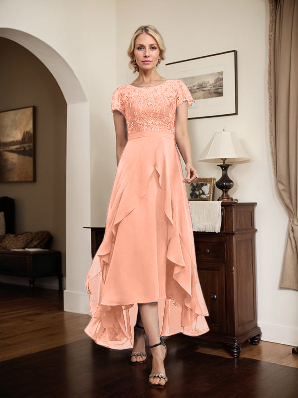 Vestido de madre de la novia de gasa asimétrica con escote en A, ilusión, encaje, lazo, volante y lentejuelas