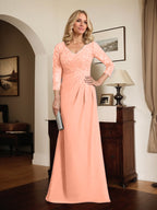 Vestido de madre de la novia de gasa con encaje, escote en V, ilusión, largo hasta el suelo, con lentejuelas plisadas