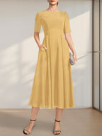 Vestido de gasa para madre de la novia, corte A, escote redondo, largo hasta la rodilla, con apliques de encaje y lentejuelas