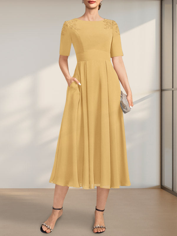 Vestido de gasa para madre de la novia, corte A, escote redondo, largo hasta la rodilla, con apliques de encaje y lentejuelas