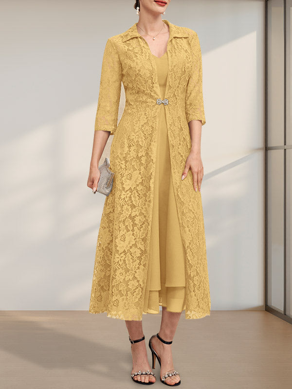 A-Linie V-Ausschnitt Wadenlanges Chiffonkleid für die Brautmutter