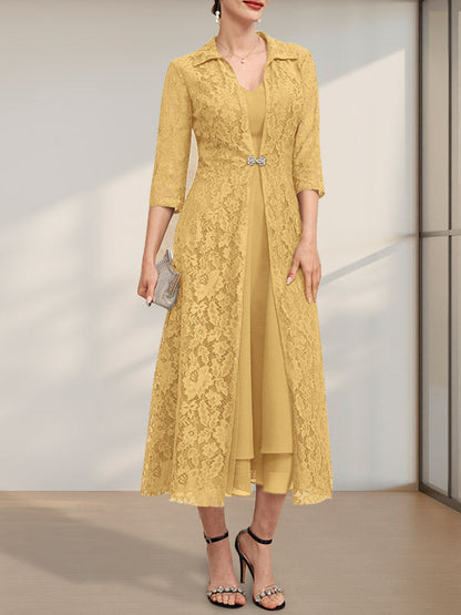 A-Linie V-Ausschnitt Wadenlanges Chiffonkleid für die Brautmutter