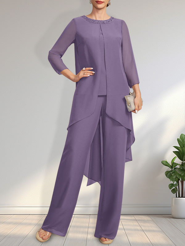 Vestido de gasa para madre de la novia con lentejuelas y abalorios, largo hasta el suelo y mono/pantalón separado