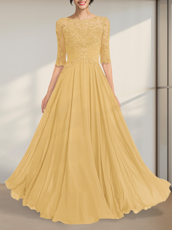 A-line Scoop Illusion Floor-Length Chiffon Lace Mother of the Bride Dress With Pleated Sequins