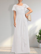 A-line Asymmetrical Illusion Floor-Length Lace Chiffon Mother of the Bride Dress With Cascading Ruffles Sequins