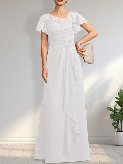 A-line Asymmetrical Illusion Floor-Length Lace Chiffon Mother of the Bride Dress With Cascading Ruffles Sequins