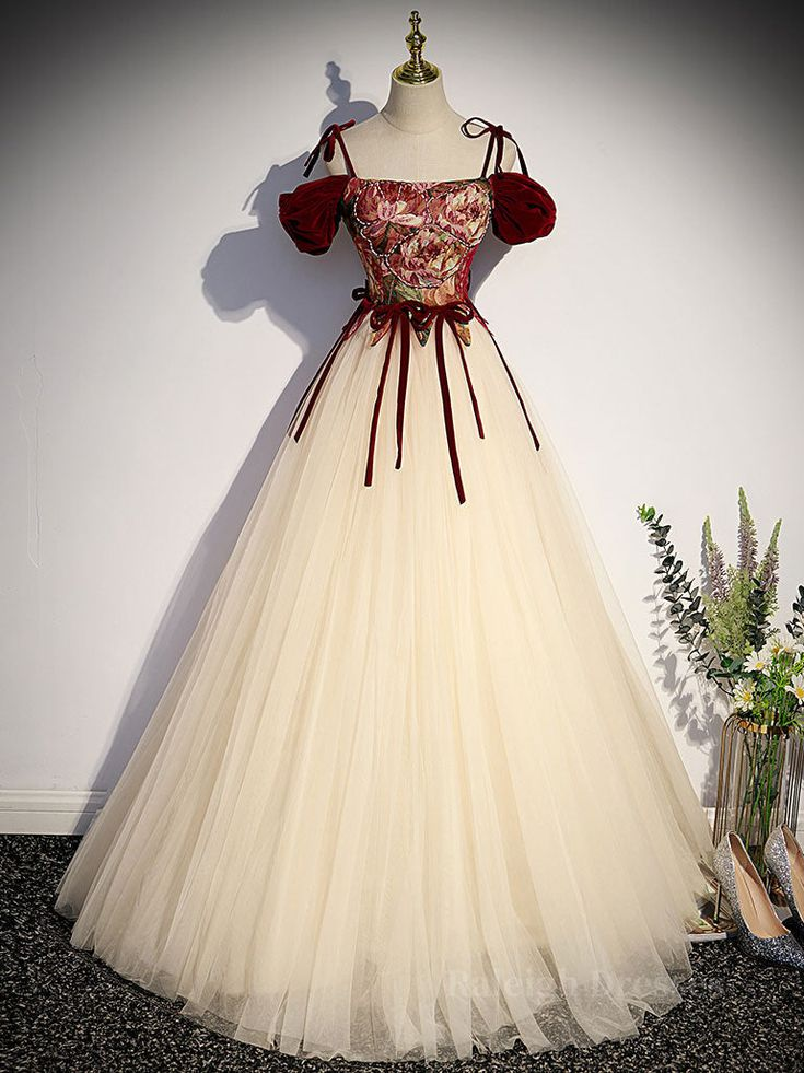 Vintage Tüll A-Linie Langes Ballkleid Spaghettiträger Abendkleid Ballkleid Y7662