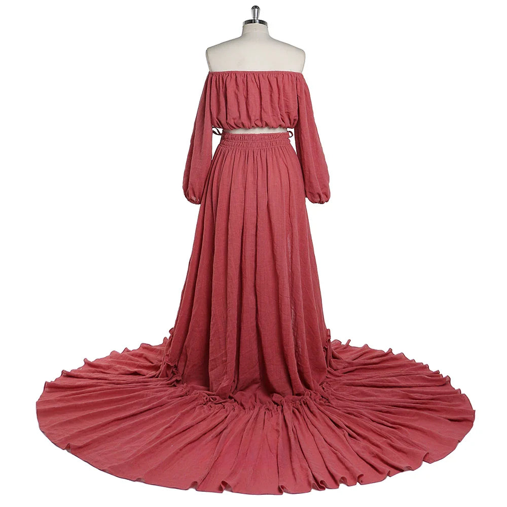 Off Shoulder Two Pieces Gown Beach Maternity Dresses Long Sleeves Photography Dress Baby Shower Dress SY211203