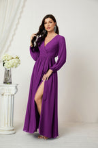 Vestidos de noche Sunnderly con escote en V profundo, gasa, para dama de honor, manga larga de obispo, abertura lateral, vestido formal SY2806 