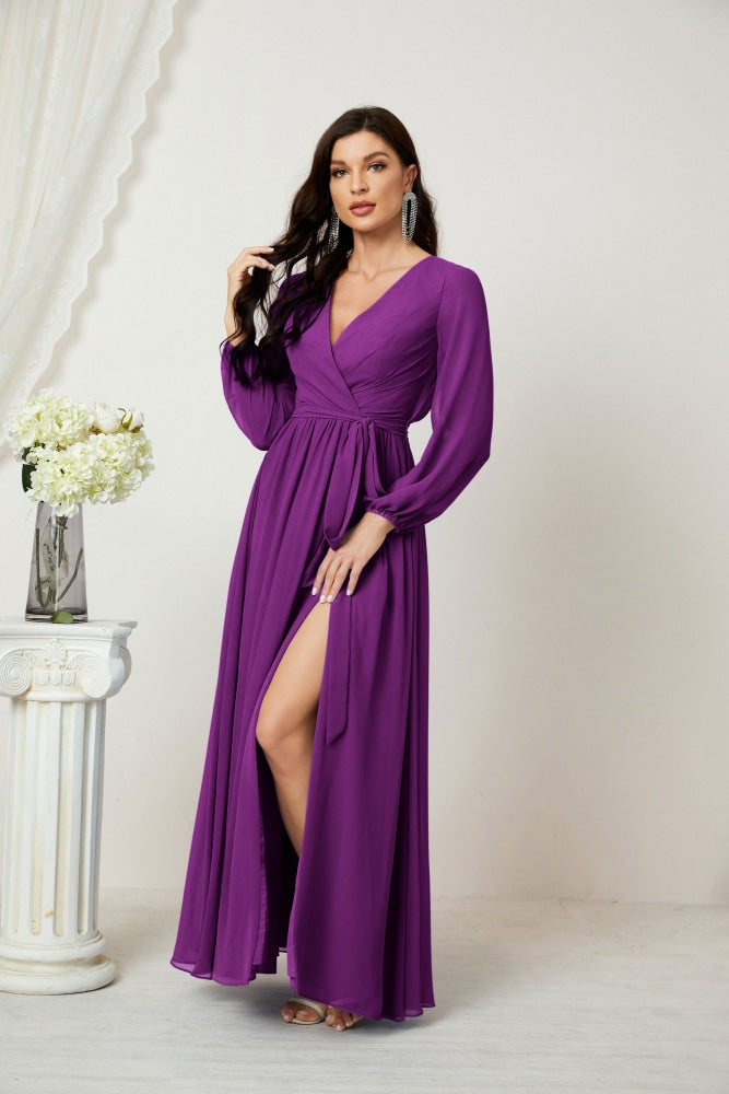 Sunnderly Evening Dresses Deep V-Neck Chiffon Bridesmaid Dresses Long Bishop Sleeve Side Split Formal Dress SY2806