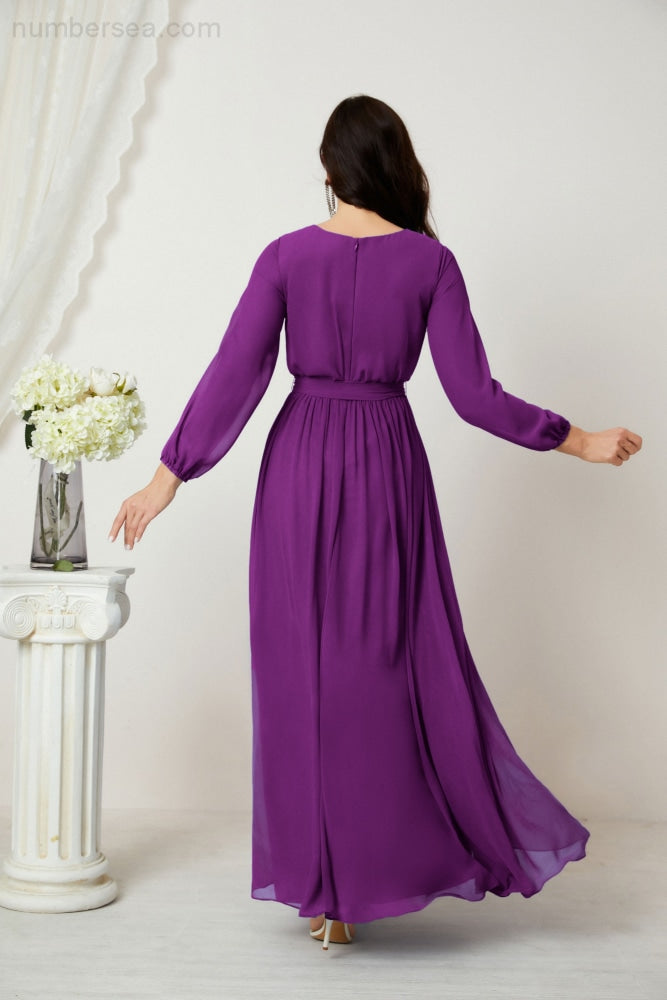 Vestidos de noche Sunnderly con escote en V profundo, gasa, para dama de honor, manga larga de obispo, abertura lateral, vestido formal SY2806 
