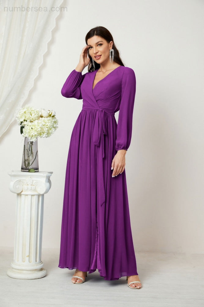 Vestidos de noche Sunnderly con escote en V profundo, gasa, para dama de honor, manga larga de obispo, abertura lateral, vestido formal SY2806 