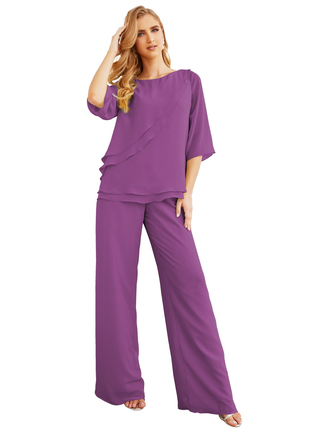 Elegante vestido de dos piezas para madre de la novia, talla grande, pantalón, capas con volantes, bata plateada SY28064 