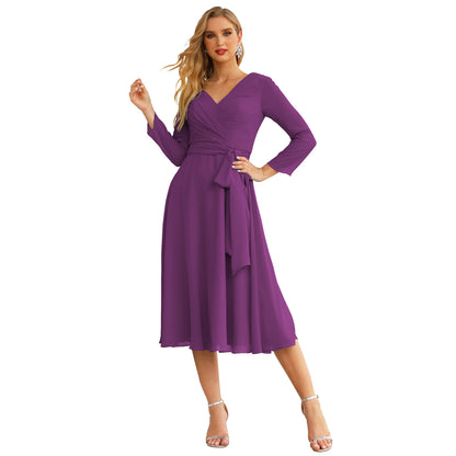 Sunnderly Chiffon Bridesmaid Dress V-Back Waist Belt Formal Prom Gown Mother of The Bride Wedding Guest