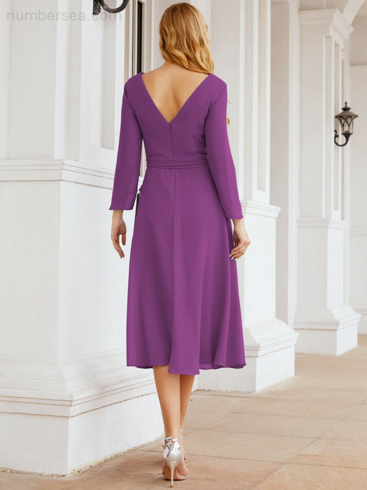 Vestido de dama de honor con escote en V y cinturón para madre de la novia, invitada de boda SY28031 